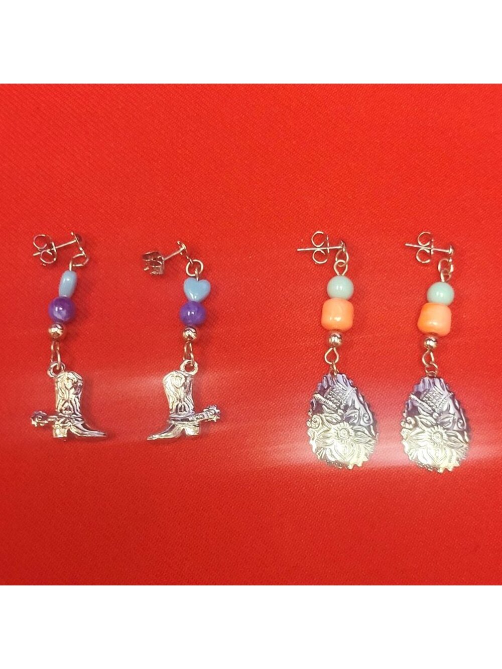Two Pairs Cowboy Boots Floral Teardrop Dangle Earrings Silver Tone Bead Accents